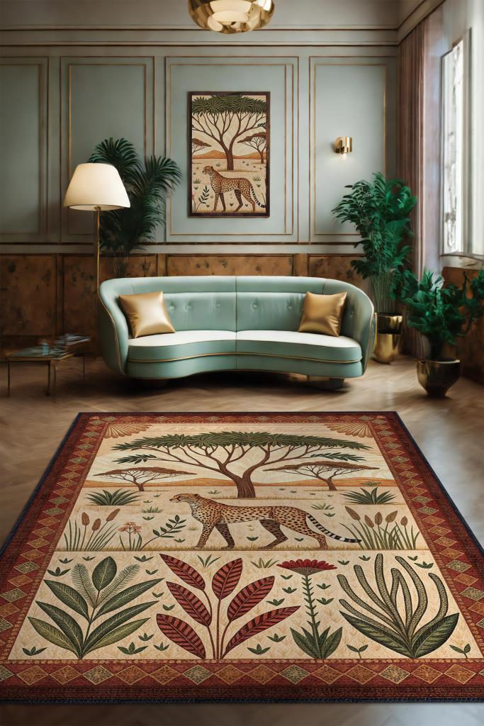 Nuh'un Gemisi Koleksiyonu Çita Temalı Çiçekli Çok Renkli Bordürlü Şık Konsept Halı