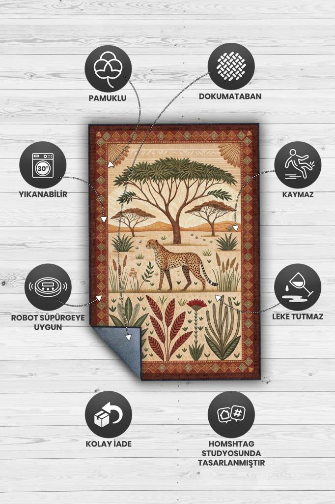 Nuh'un Gemisi Koleksiyonu Çita Temalı Çiçekli Çok Renkli Bordürlü Şık Konsept Halı