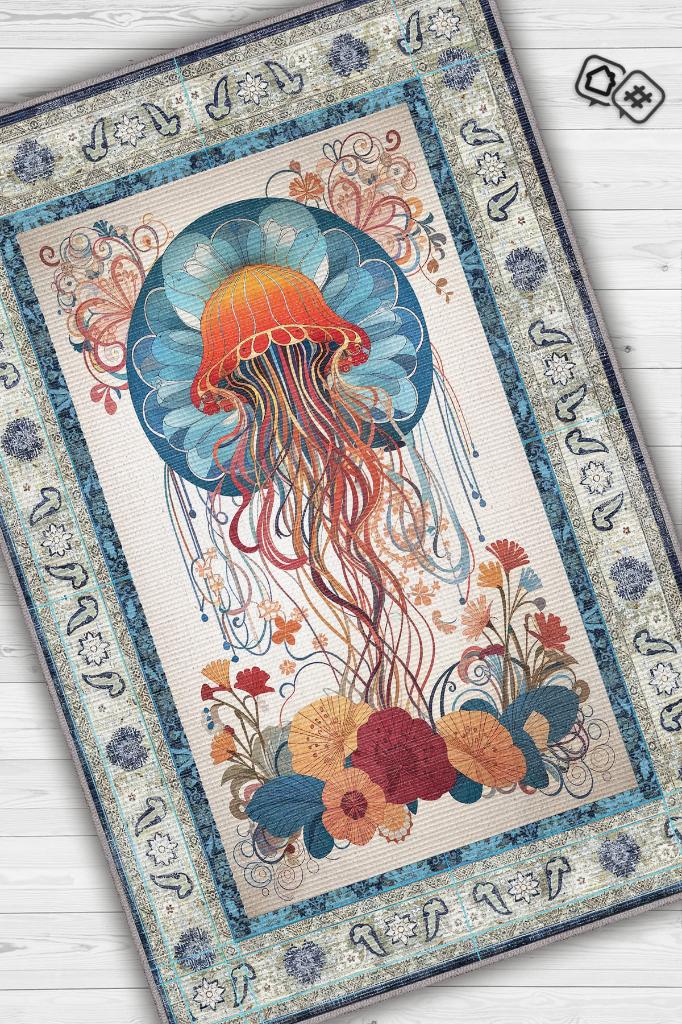 Nuh'un Gemisi Koleksiyonu Deniz Anası Çiçek Desenli Temalı Vintage Renkli Maksimalist Halı