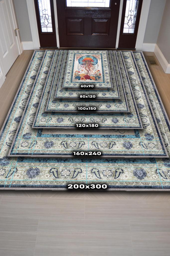 Nuh'un Gemisi Koleksiyonu Deniz Anası Çiçek Desenli Temalı Vintage Renkli Maksimalist Halı