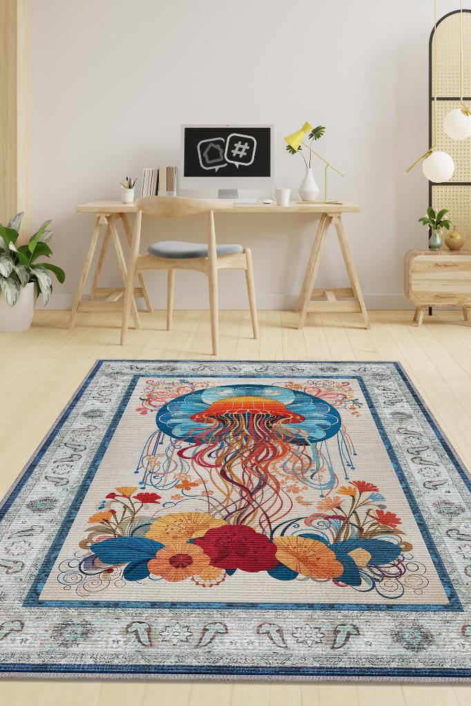 Nuh'un Gemisi Koleksiyonu Deniz Anası Çiçek Desenli Temalı Vintage Renkli Maksimalist Halı