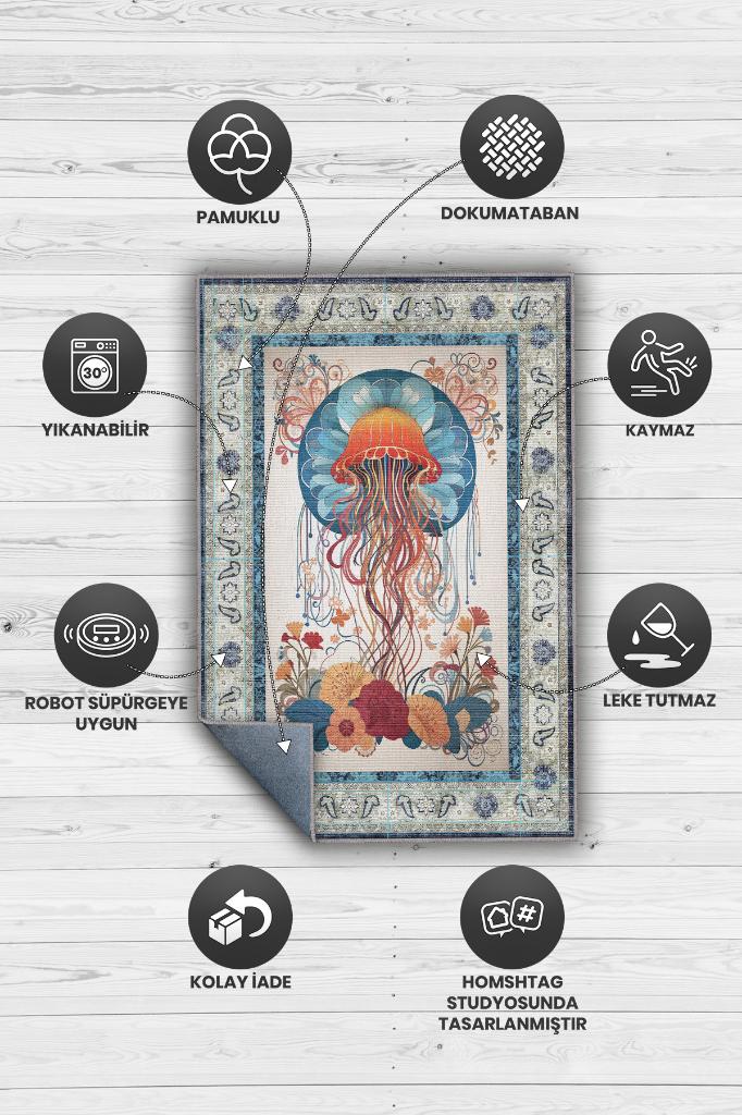 Nuh'un Gemisi Koleksiyonu Deniz Anası Çiçek Desenli Temalı Vintage Renkli Maksimalist Halı