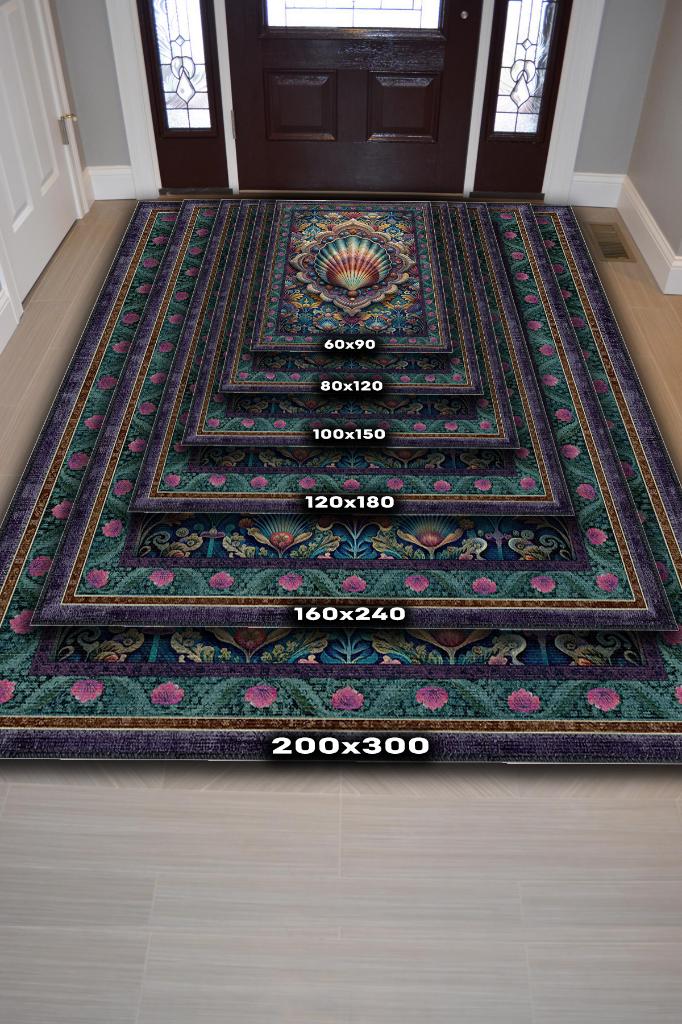 Nuh'un Gemisi Koleksiyonu Deniz Kabuğu Çiçek Temalı Vintage Renkli Maksimalist Halı