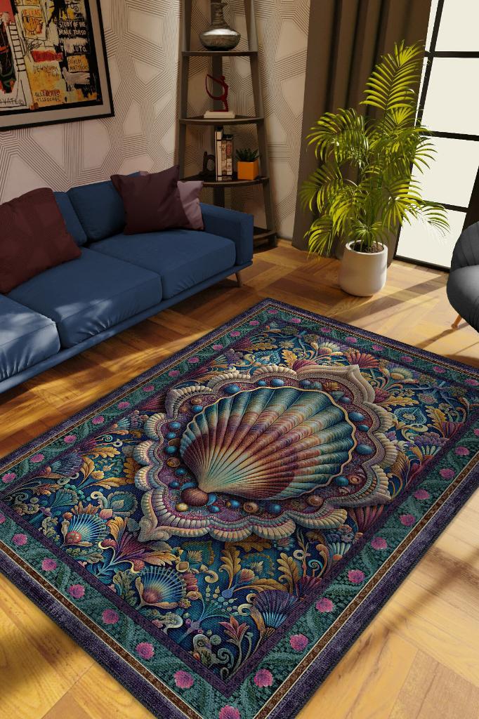 Nuh'un Gemisi Koleksiyonu Deniz Kabuğu Çiçek Temalı Vintage Renkli Maksimalist Halı