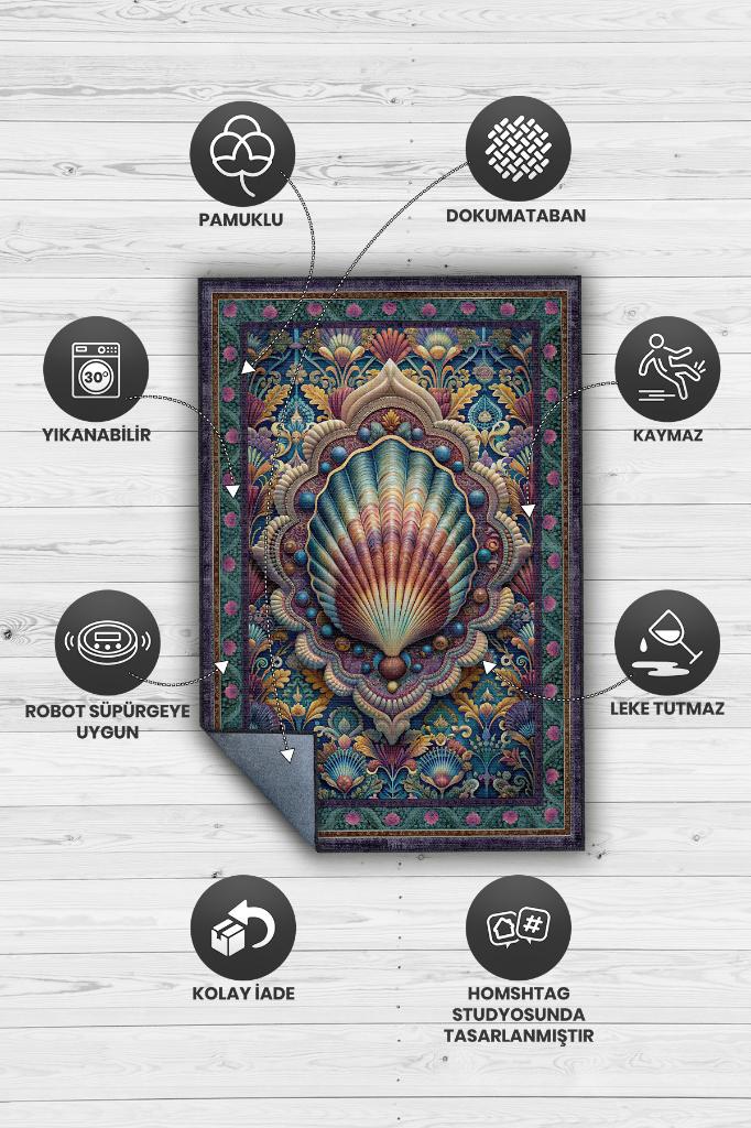 Nuh'un Gemisi Koleksiyonu Deniz Kabuğu Çiçek Temalı Vintage Renkli Maksimalist Halı