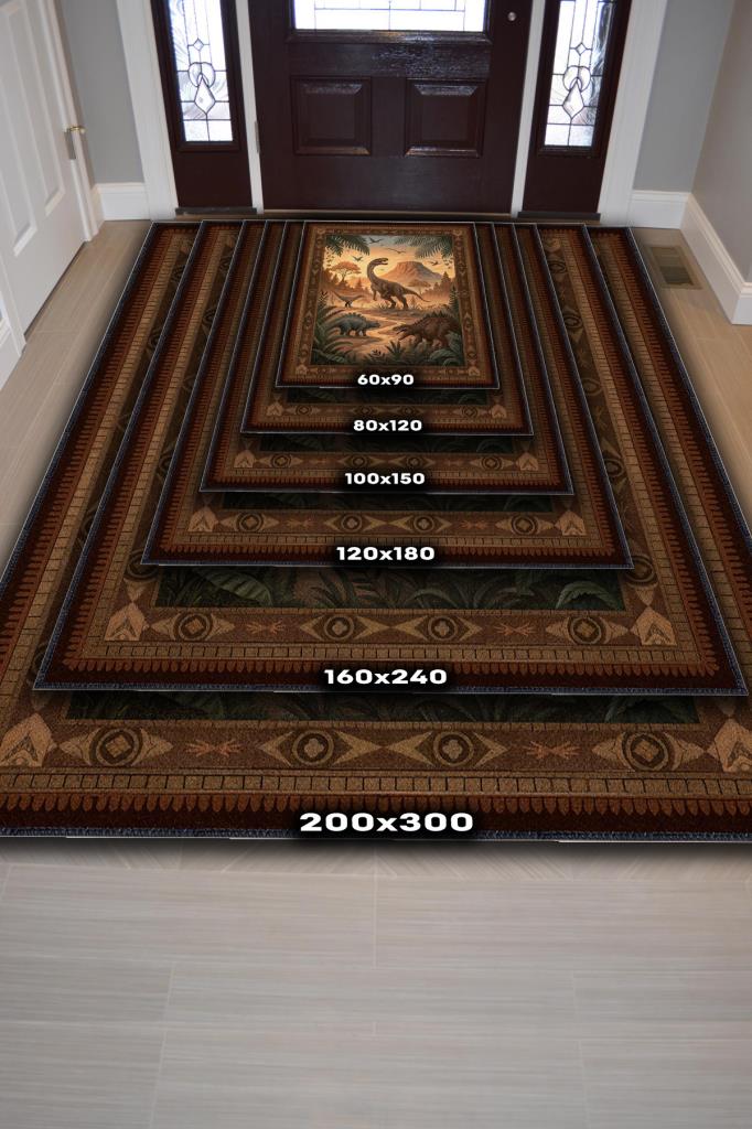 Nuh'un Gemisi Koleksiyonu Dinozor Temalı Çiçekli Çok Renkli Bordürlü Şık Konsept Halı