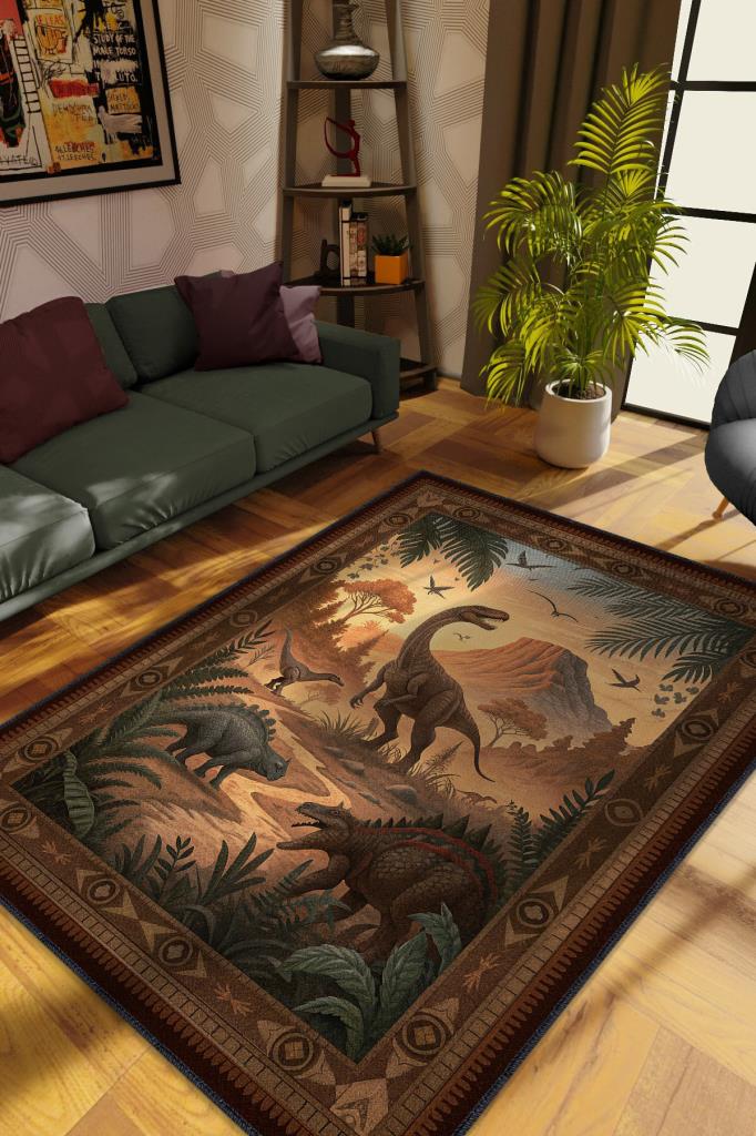 Nuh'un Gemisi Koleksiyonu Dinozor Temalı Çiçekli Çok Renkli Bordürlü Şık Konsept Halı