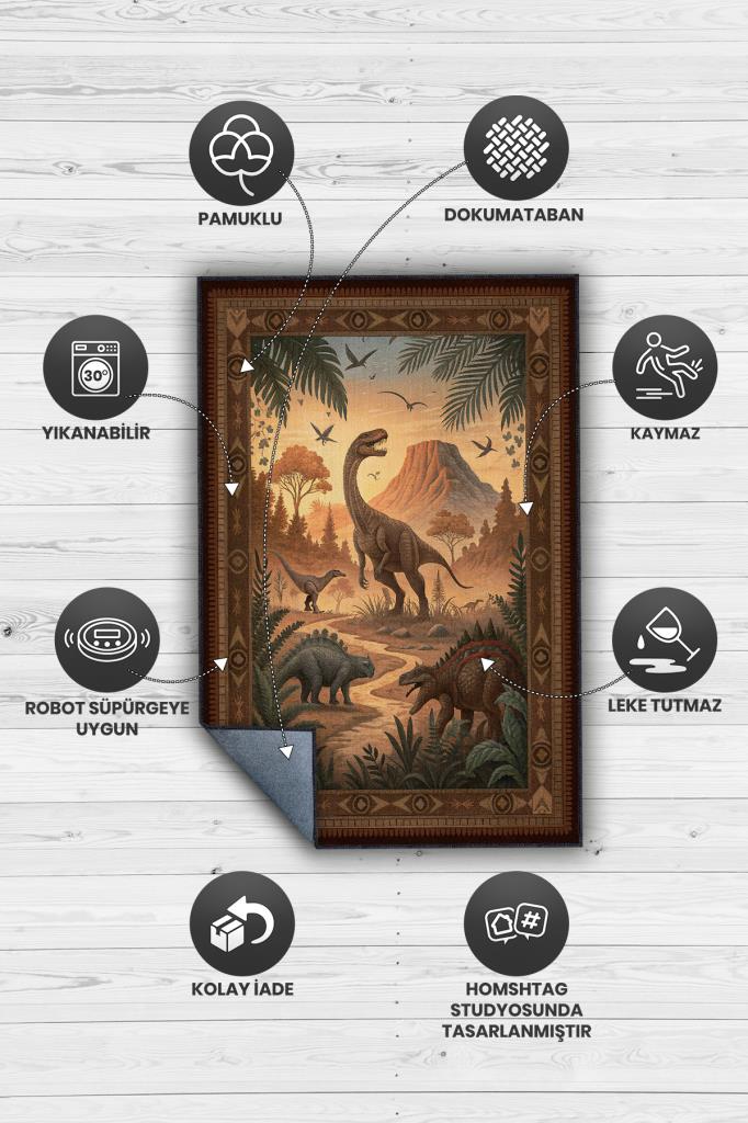 Nuh'un Gemisi Koleksiyonu Dinozor Temalı Çiçekli Çok Renkli Bordürlü Şık Konsept Halı