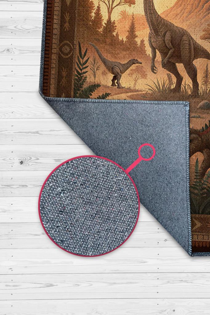 Nuh'un Gemisi Koleksiyonu Dinozor Temalı Çiçekli Çok Renkli Bordürlü Şık Konsept Halı