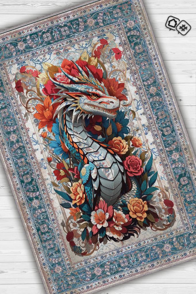 Nuh'un Gemisi Koleksiyonu Ejderha Çiçek Desenli Temalı Vintage Renkli Maksimalist Halı