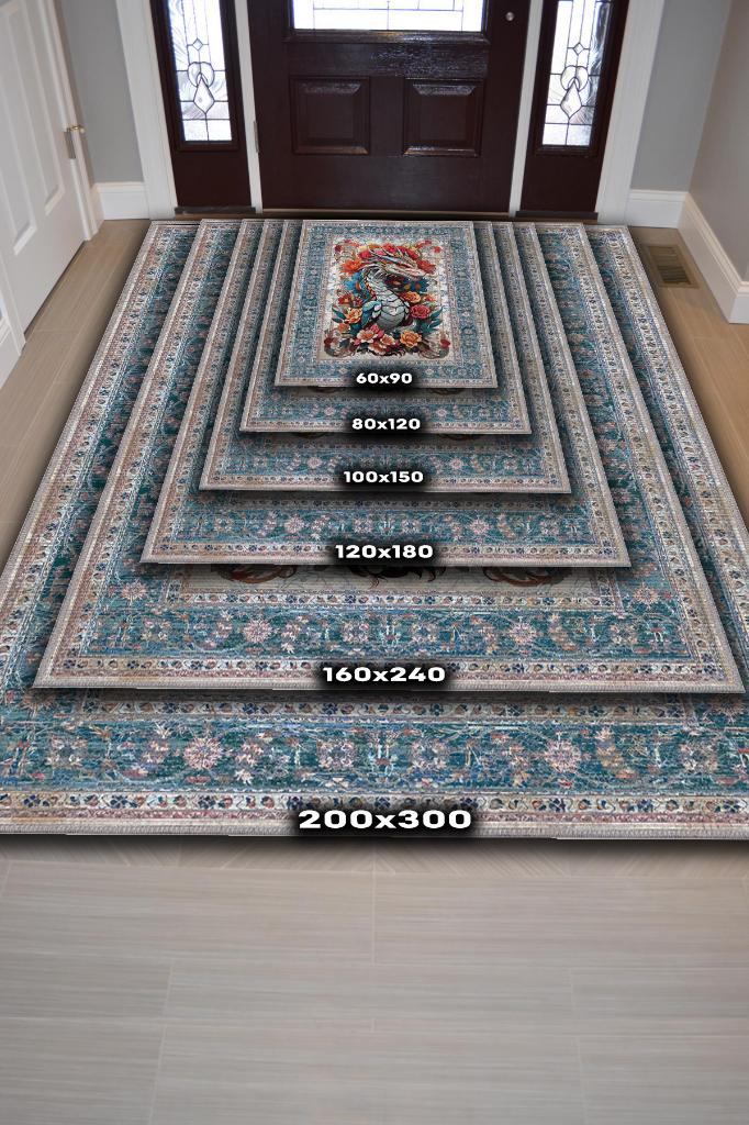 Nuh'un Gemisi Koleksiyonu Ejderha Çiçek Desenli Temalı Vintage Renkli Maksimalist Halı