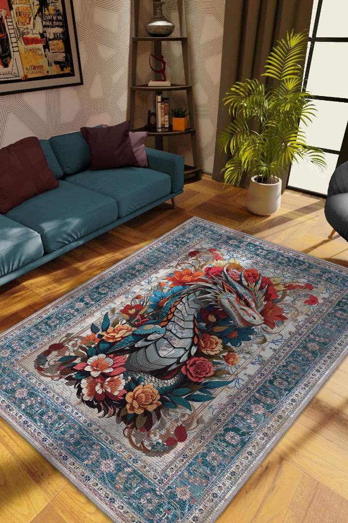 Nuh'un Gemisi Koleksiyonu Ejderha Çiçek Desenli Temalı Vintage Renkli Maksimalist Halı