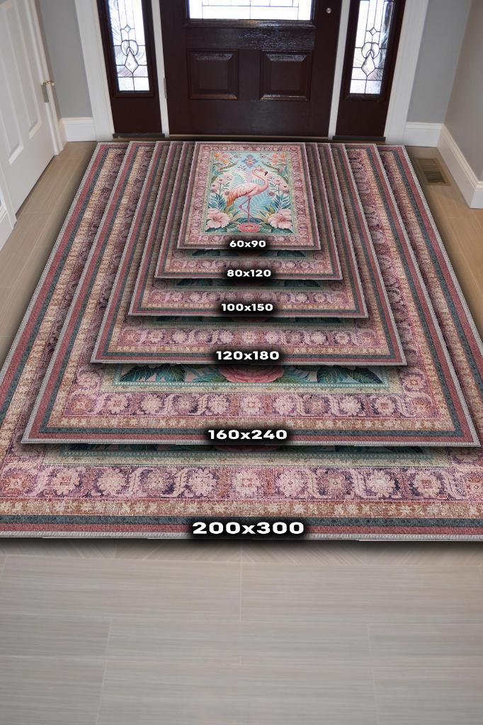 Nuh'un Gemisi Koleksiyonu Flamingo Temalı Çiçek Desenli Vintage Pembe Renkli Konsept Halı