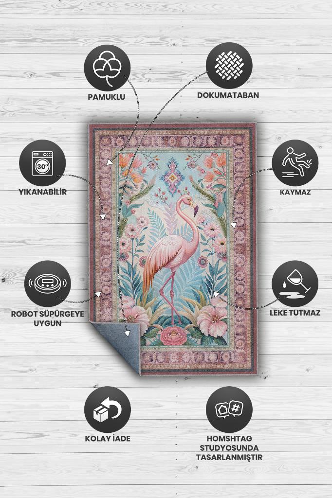 Nuh'un Gemisi Koleksiyonu Flamingo Temalı Çiçek Desenli Vintage Pembe Renkli Konsept Halı