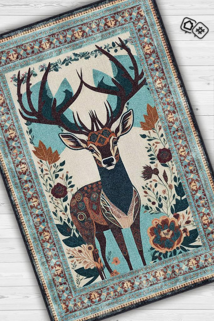 Nuh'un Gemisi Koleksiyonu Geyik, Çiçek Desenli Art Deco Tarzı Vintage Halı,Çok Renkli Maksimalist Halı