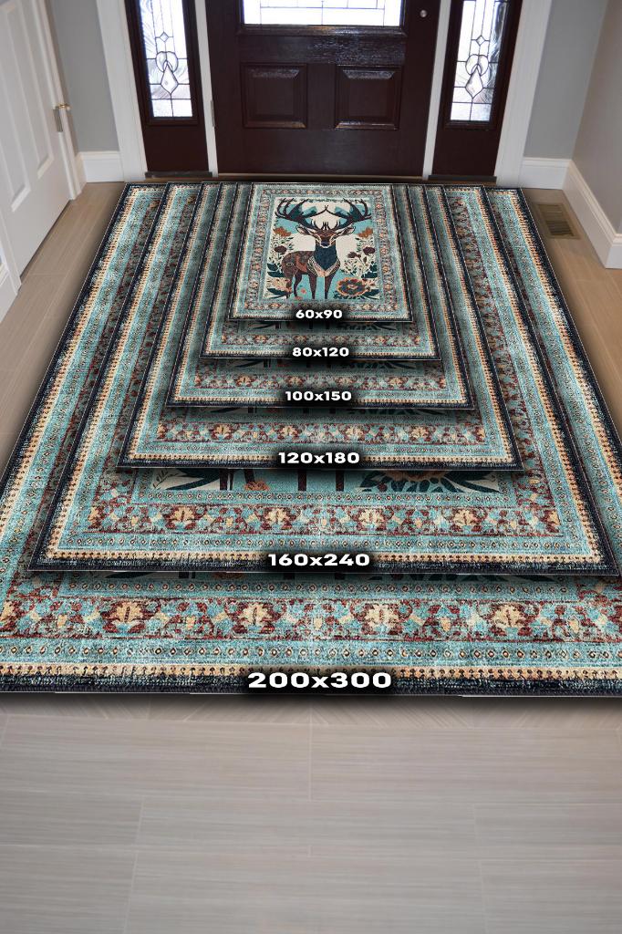 Nuh'un Gemisi Koleksiyonu Geyik, Çiçek Desenli Art Deco Tarzı Vintage Halı,Çok Renkli Maksimalist Halı