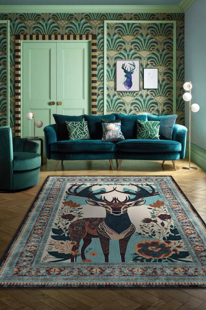 Nuh'un Gemisi Koleksiyonu Geyik, Çiçek Desenli Art Deco Tarzı Vintage Halı,Çok Renkli Maksimalist Halı