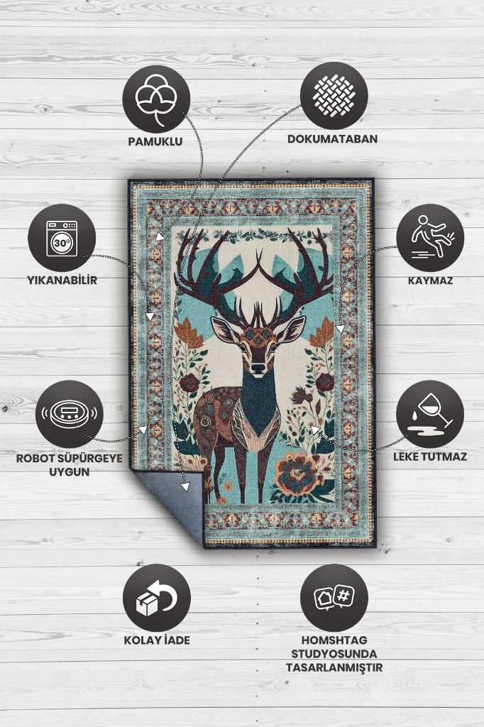 Nuh'un Gemisi Koleksiyonu Geyik, Çiçek Desenli Art Deco Tarzı Vintage Halı,Çok Renkli Maksimalist Halı