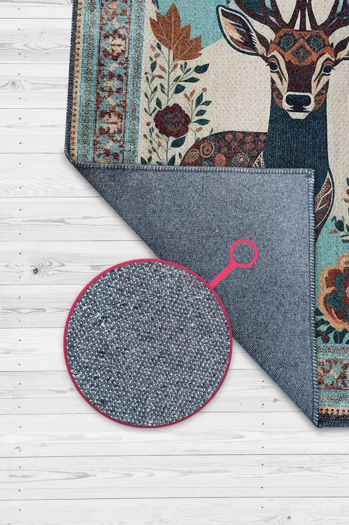 Nuh'un Gemisi Koleksiyonu Geyik, Çiçek Desenli Art Deco Tarzı Vintage Halı,Çok Renkli Maksimalist Halı