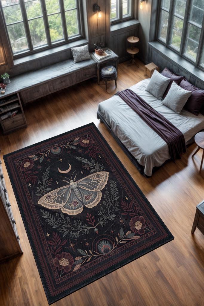 Nuh'un Gemisi Koleksiyonu Gotik Kelebek Temalı Çiçekli Krem Renk Bordürlü Şık Konsept Halı