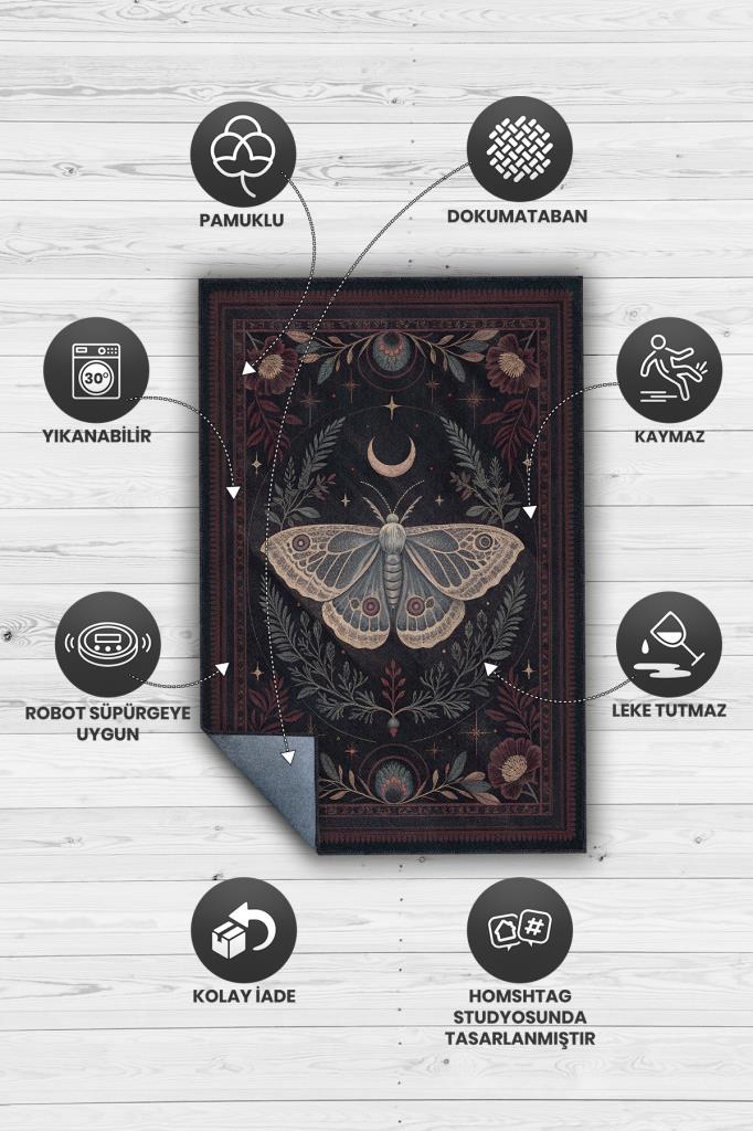 Nuh'un Gemisi Koleksiyonu Gotik Kelebek Temalı Çiçekli Krem Renk Bordürlü Şık Konsept Halı