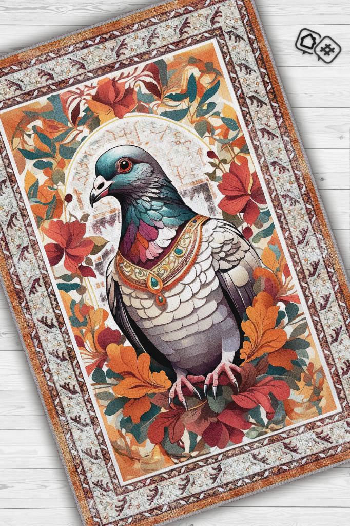 Nuh'un Gemisi Koleksiyonu Güvercin Çiçek Desenli Temalı Vintage Renkli Maksimalist Halı