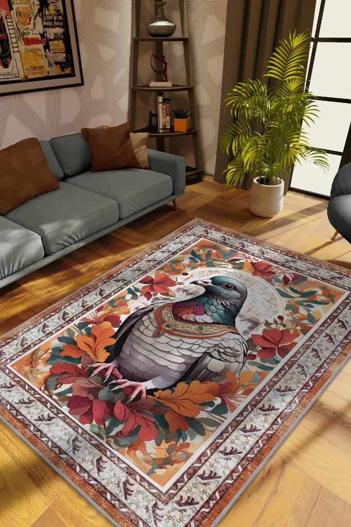 Nuh'un Gemisi Koleksiyonu Güvercin Çiçek Desenli Temalı Vintage Renkli Maksimalist Halı