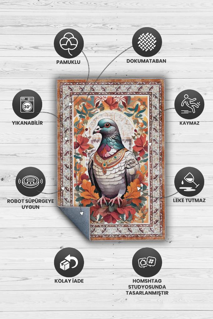 Nuh'un Gemisi Koleksiyonu Güvercin Çiçek Desenli Temalı Vintage Renkli Maksimalist Halı