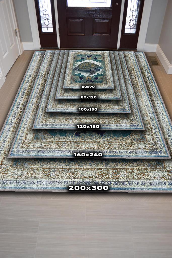 Homshtag Nuh'un Gemisi Koleksiyonu Kaplumbağa Çiçek Desenli Art Deco Tarzı Vintage Halı,Çok Renkli Maksimalist Halı