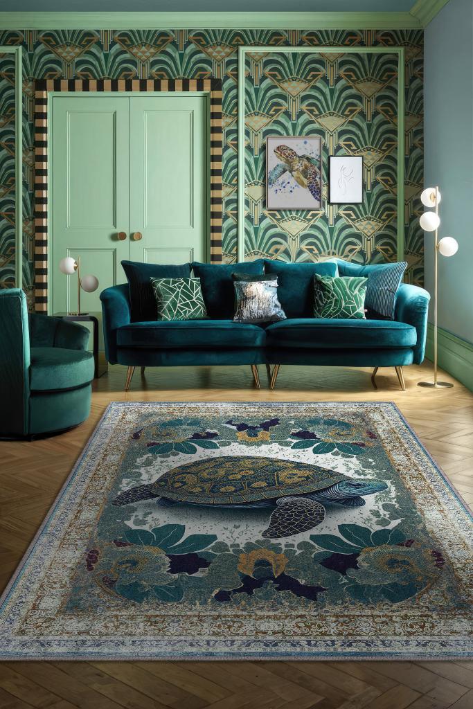 Homshtag Nuh'un Gemisi Koleksiyonu Kaplumbağa Çiçek Desenli Art Deco Tarzı Vintage Halı,Çok Renkli Maksimalist Halı