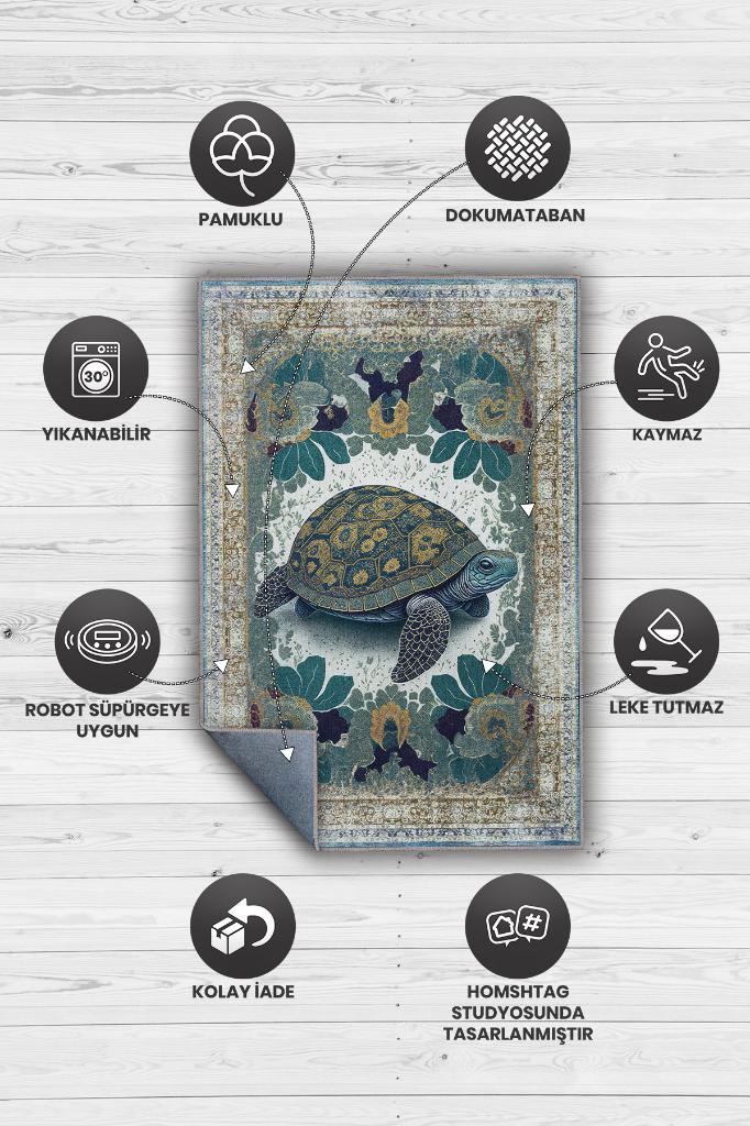 Homshtag Nuh'un Gemisi Koleksiyonu Kaplumbağa Çiçek Desenli Art Deco Tarzı Vintage Halı,Çok Renkli Maksimalist Halı