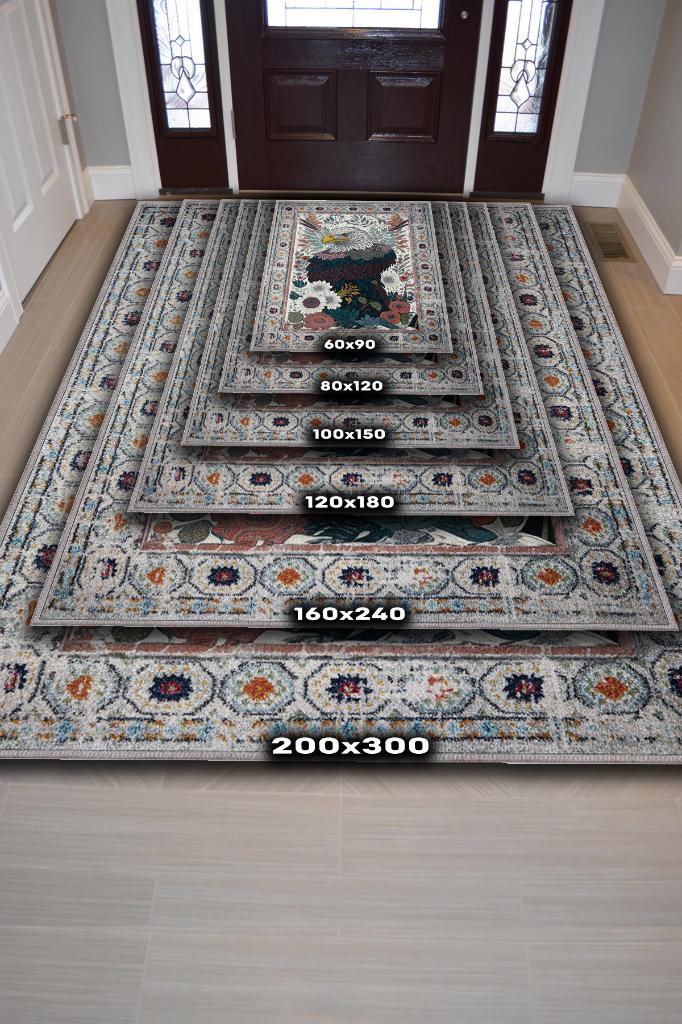 Nuh'un Gemisi Koleksiyonu Kartal, Çiçek Desenli Art Deco Tarzı Vintage Halı,Çok Renkli Maksimalist Halı
