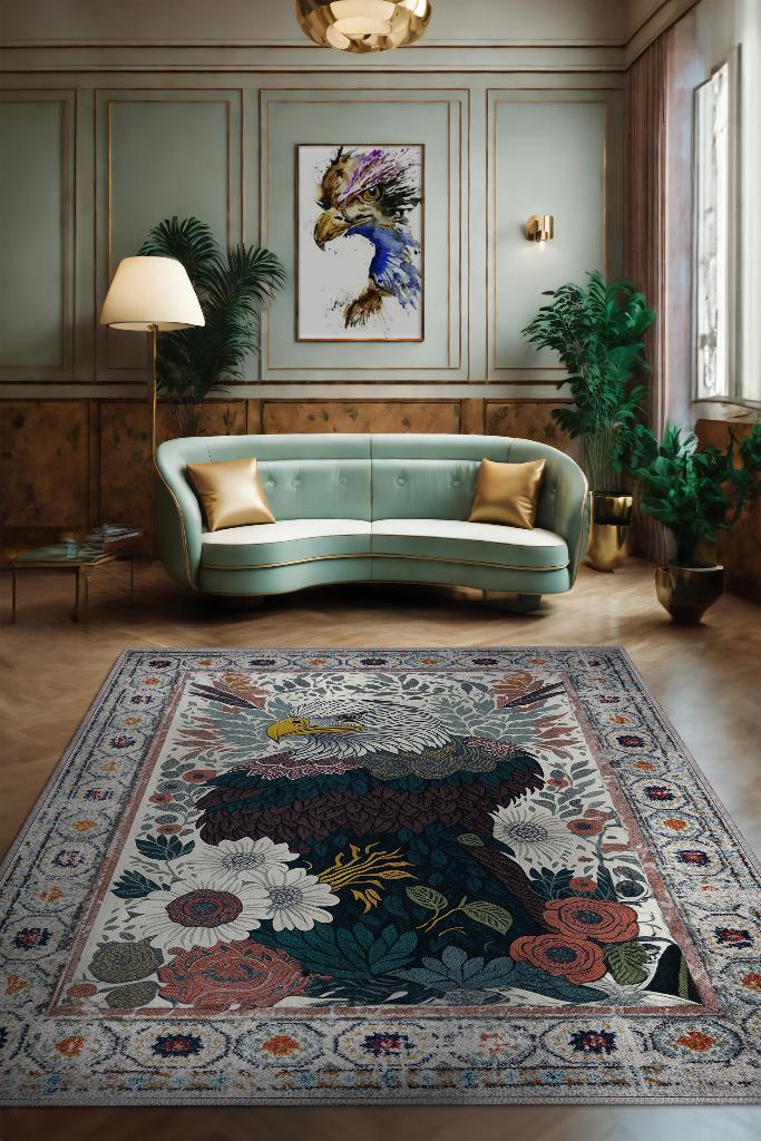 Nuh'un Gemisi Koleksiyonu Kartal, Çiçek Desenli Art Deco Tarzı Vintage Halı,Çok Renkli Maksimalist Halı