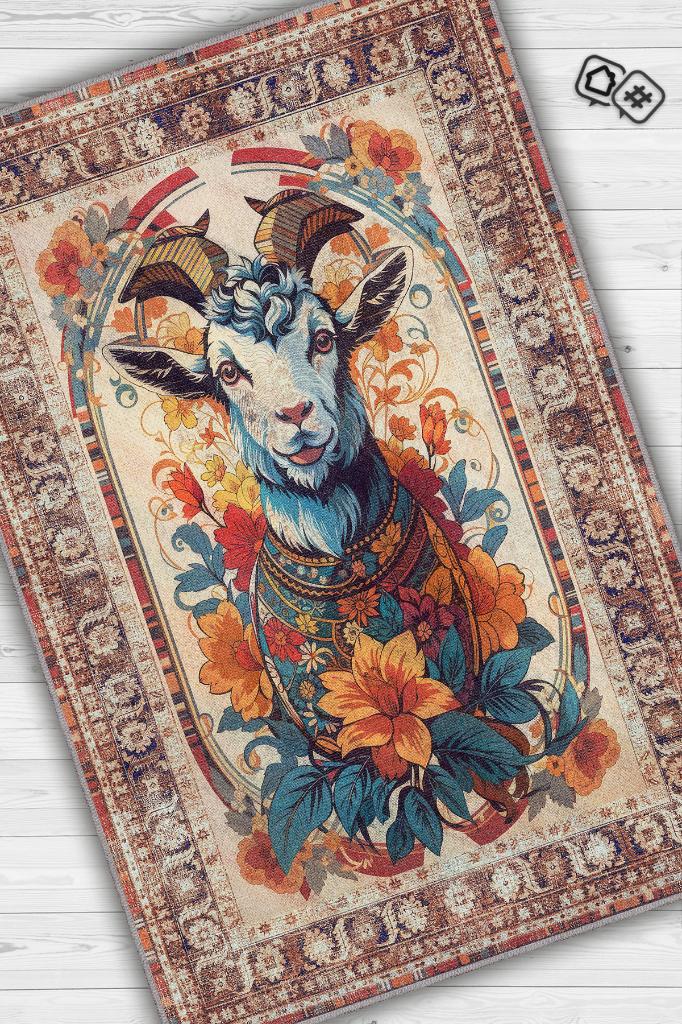 Nuh'un Gemisi Koleksiyonu Keçi Çiçek Desenli Temalı Vintage Renkli Maksimalist Halı