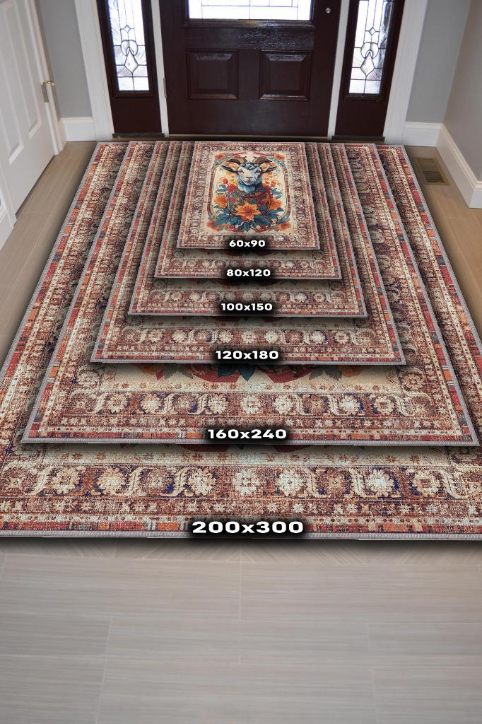 Nuh'un Gemisi Koleksiyonu Keçi Çiçek Desenli Temalı Vintage Renkli Maksimalist Halı