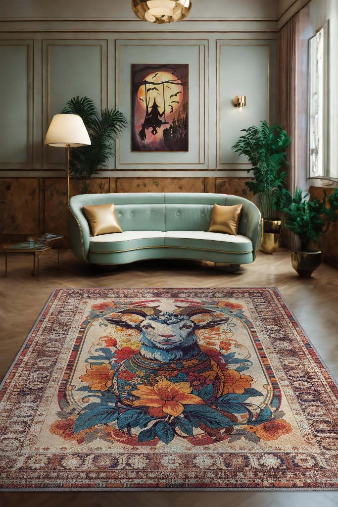 Nuh'un Gemisi Koleksiyonu Keçi Çiçek Desenli Temalı Vintage Renkli Maksimalist Halı