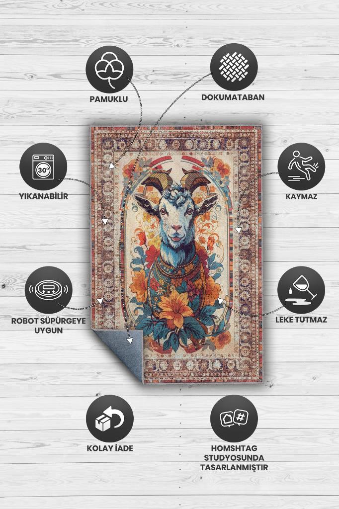 Nuh'un Gemisi Koleksiyonu Keçi Çiçek Desenli Temalı Vintage Renkli Maksimalist Halı
