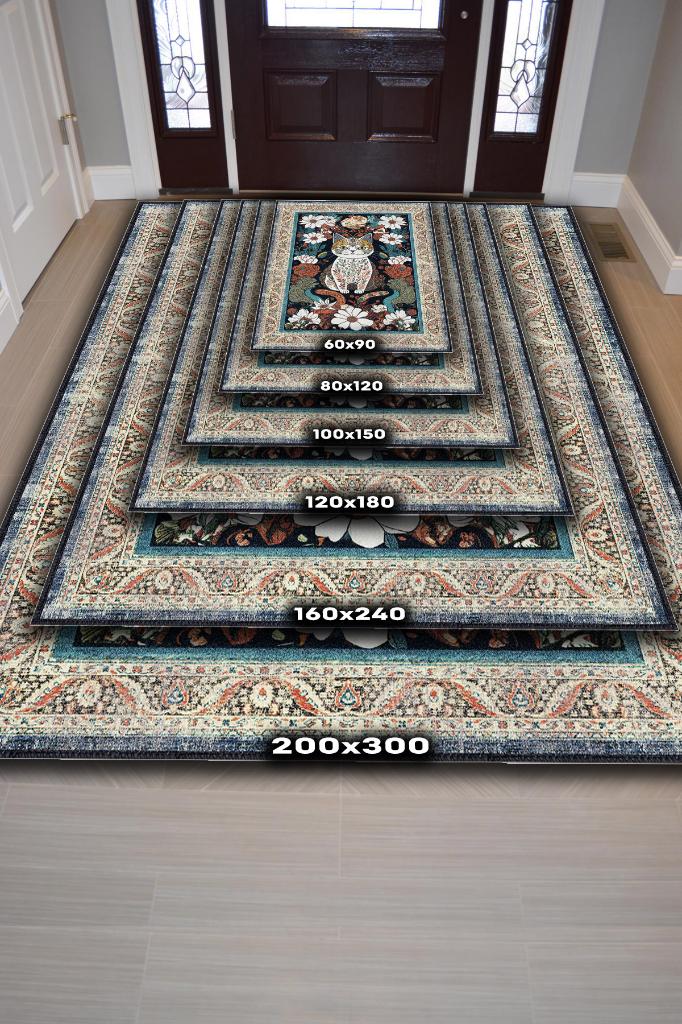 Nuh'un Gemisi Koleksiyonu Kedi, Çiçek Desenli Art Deco Tarzı Vintage Halı,Çok Renkli Maksimalist Halı