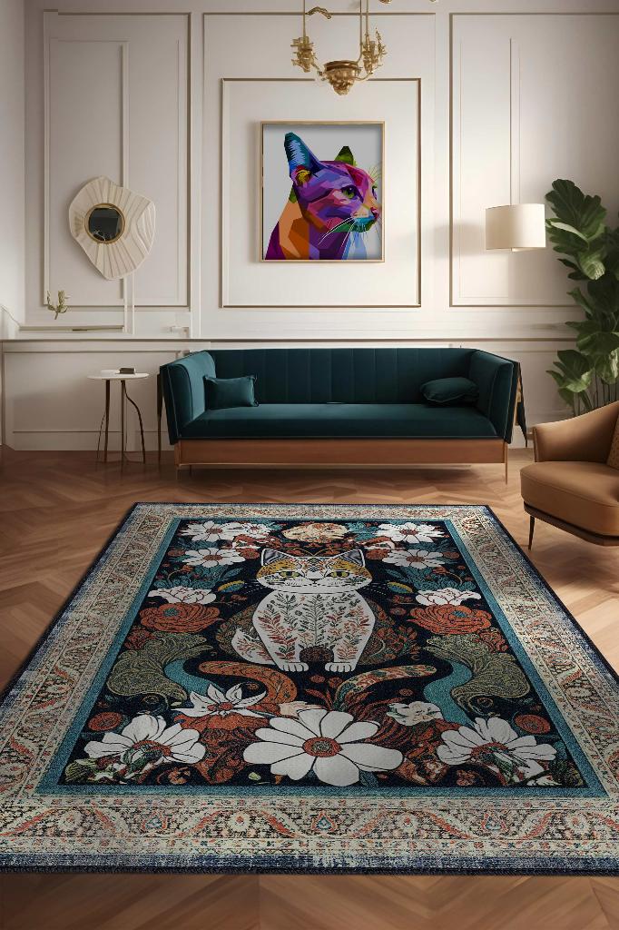 Nuh'un Gemisi Koleksiyonu Kedi, Çiçek Desenli Art Deco Tarzı Vintage Halı,Çok Renkli Maksimalist Halı