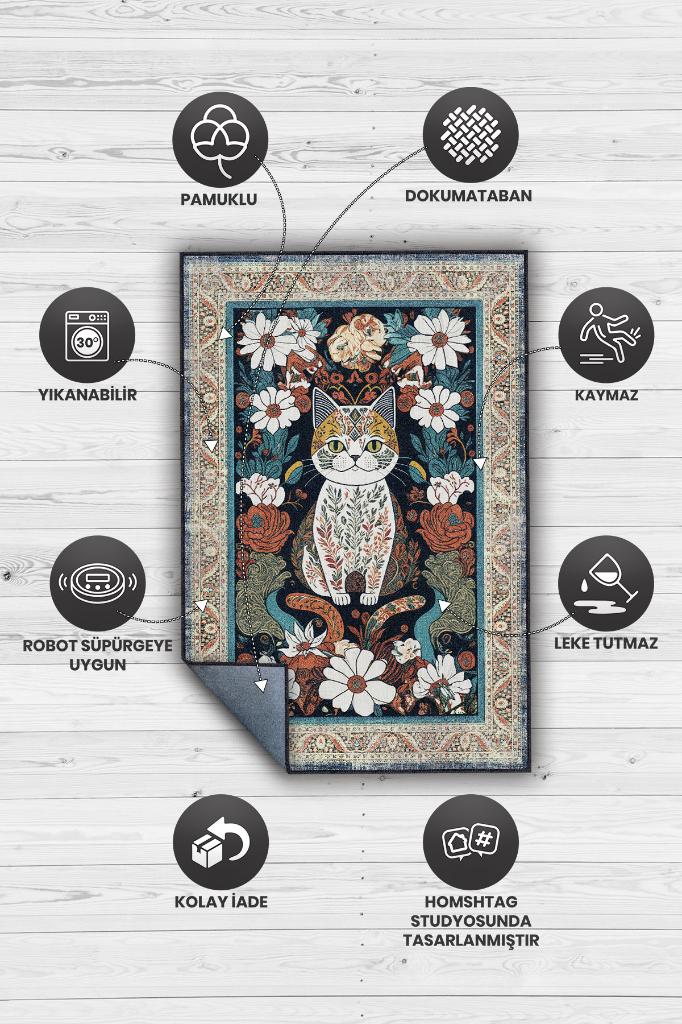 Nuh'un Gemisi Koleksiyonu Kedi, Çiçek Desenli Art Deco Tarzı Vintage Halı,Çok Renkli Maksimalist Halı