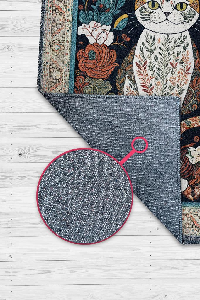 Nuh'un Gemisi Koleksiyonu Kedi, Çiçek Desenli Art Deco Tarzı Vintage Halı,Çok Renkli Maksimalist Halı