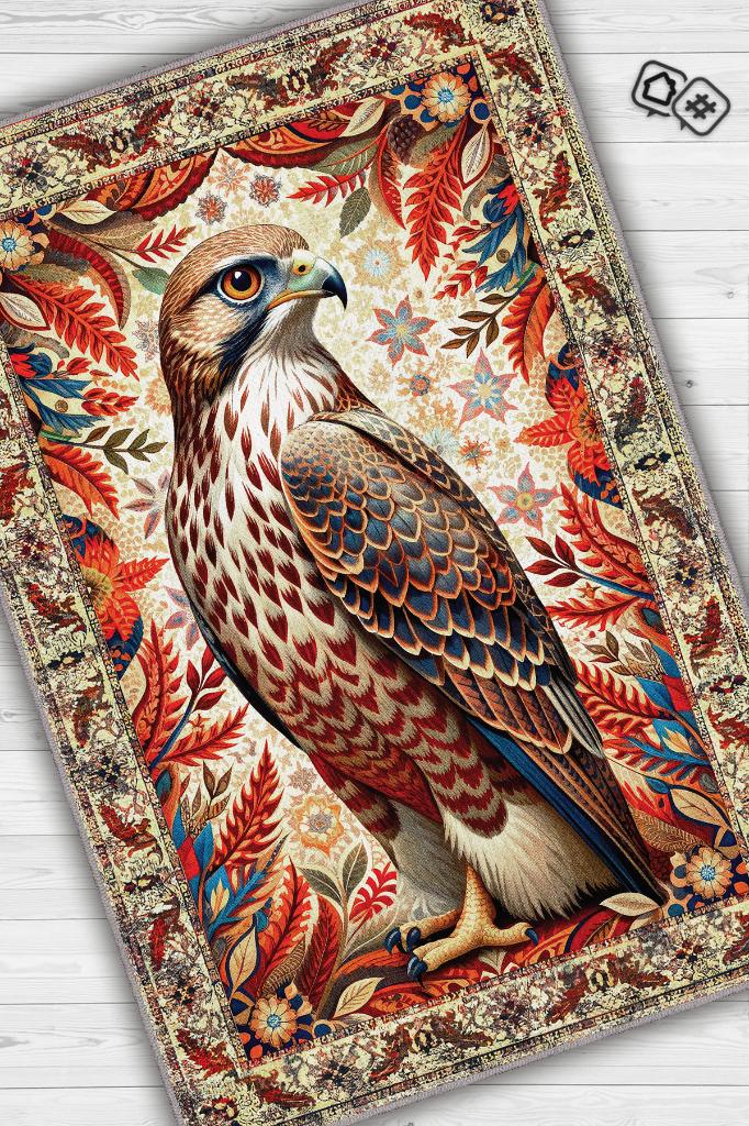 Nuh'un Gemisi Koleksiyonu Kızıl Boynuzlu Şahin Çiçek Temalı Vintage Renkli Maksimalist Halı