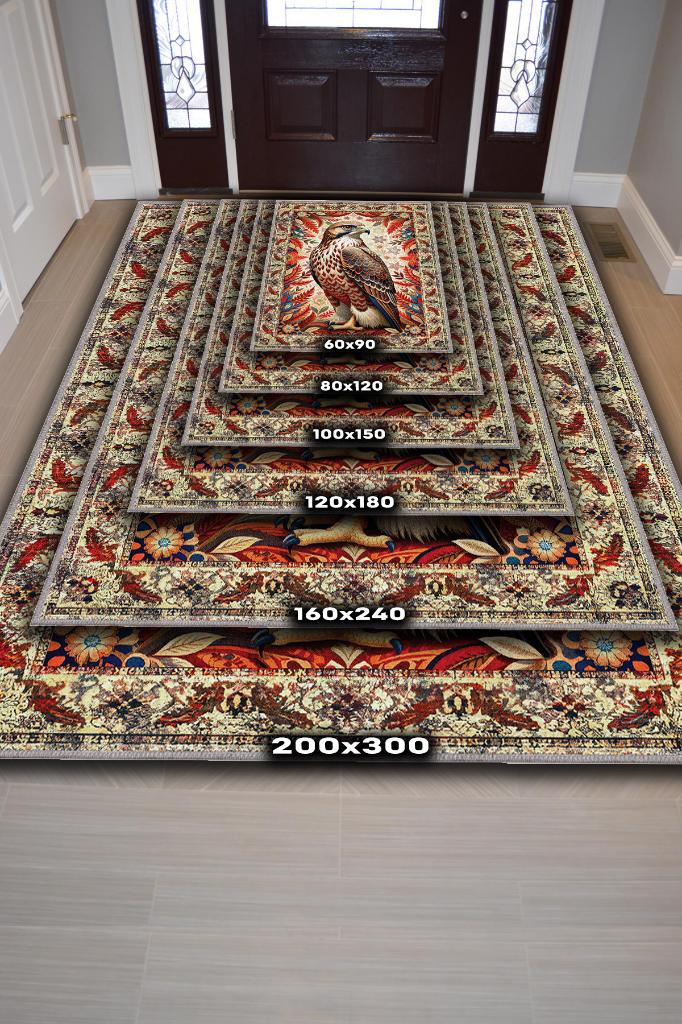 Nuh'un Gemisi Koleksiyonu Kızıl Boynuzlu Şahin Çiçek Temalı Vintage Renkli Maksimalist Halı