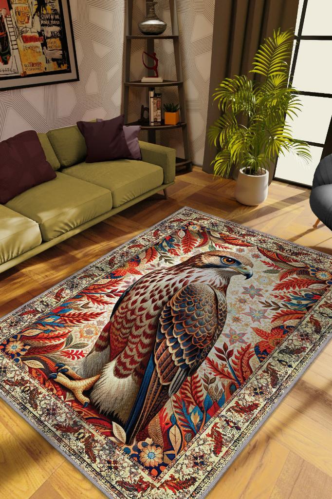 Nuh'un Gemisi Koleksiyonu Kızıl Boynuzlu Şahin Çiçek Temalı Vintage Renkli Maksimalist Halı