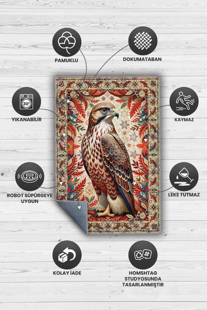 Nuh'un Gemisi Koleksiyonu Kızıl Boynuzlu Şahin Çiçek Temalı Vintage Renkli Maksimalist Halı