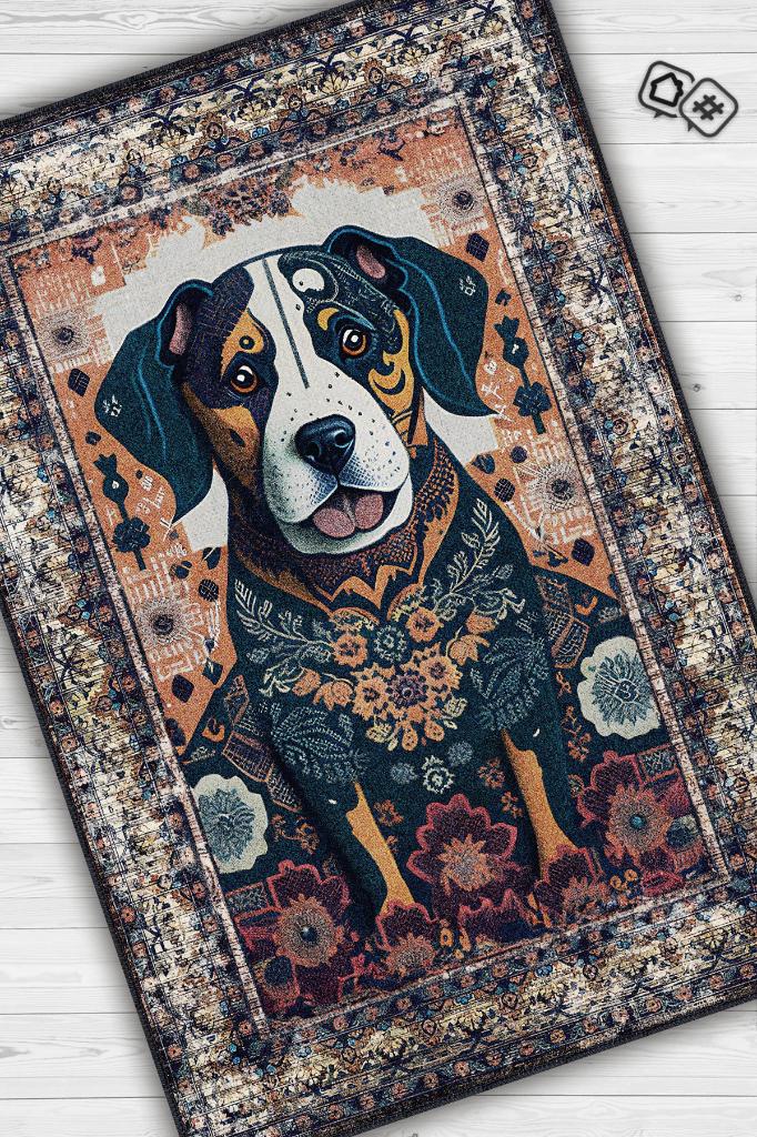 Nuh'un Gemisi Koleksiyonu Köpek, Çiçek Desenli Art Deco Tarzı Vintage Halı,Çok Renkli Maksimalist Halı