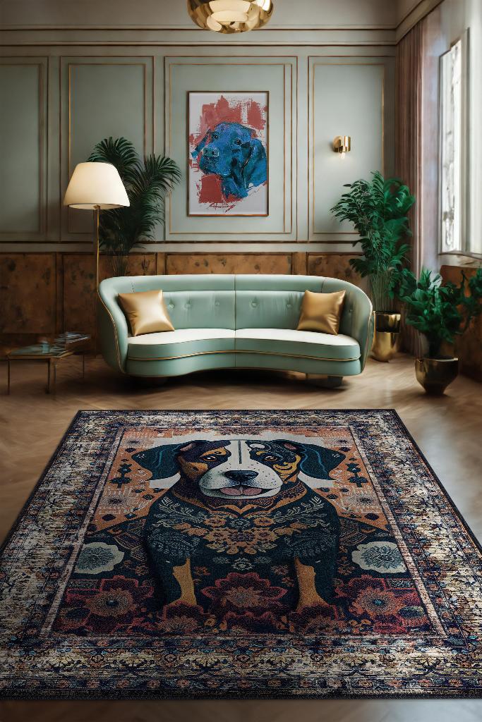 Nuh'un Gemisi Koleksiyonu Köpek, Çiçek Desenli Art Deco Tarzı Vintage Halı,Çok Renkli Maksimalist Halı