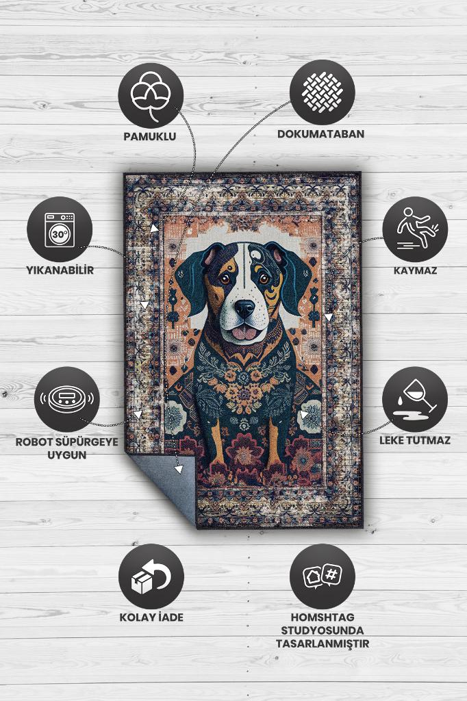 Nuh'un Gemisi Koleksiyonu Köpek, Çiçek Desenli Art Deco Tarzı Vintage Halı,Çok Renkli Maksimalist Halı