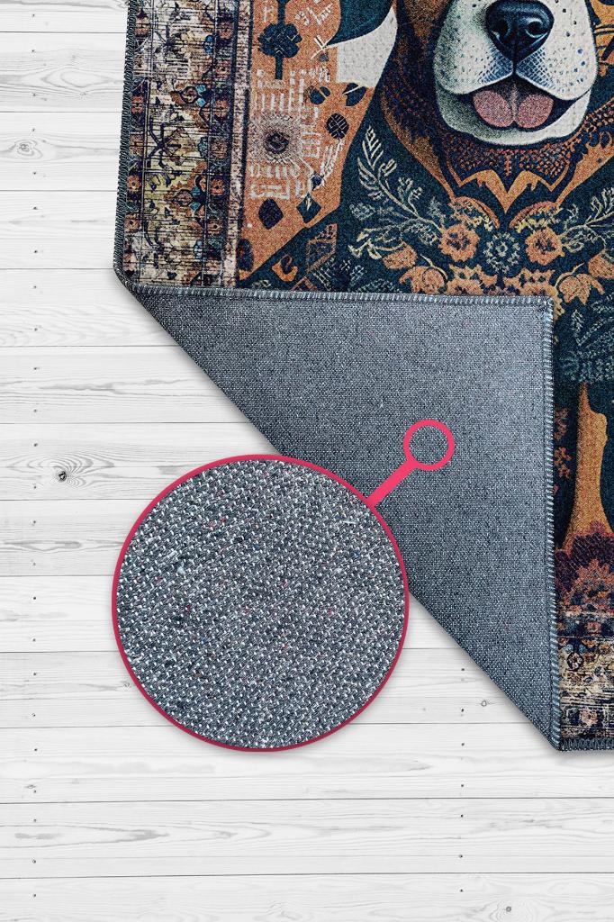 Nuh'un Gemisi Koleksiyonu Köpek, Çiçek Desenli Art Deco Tarzı Vintage Halı,Çok Renkli Maksimalist Halı