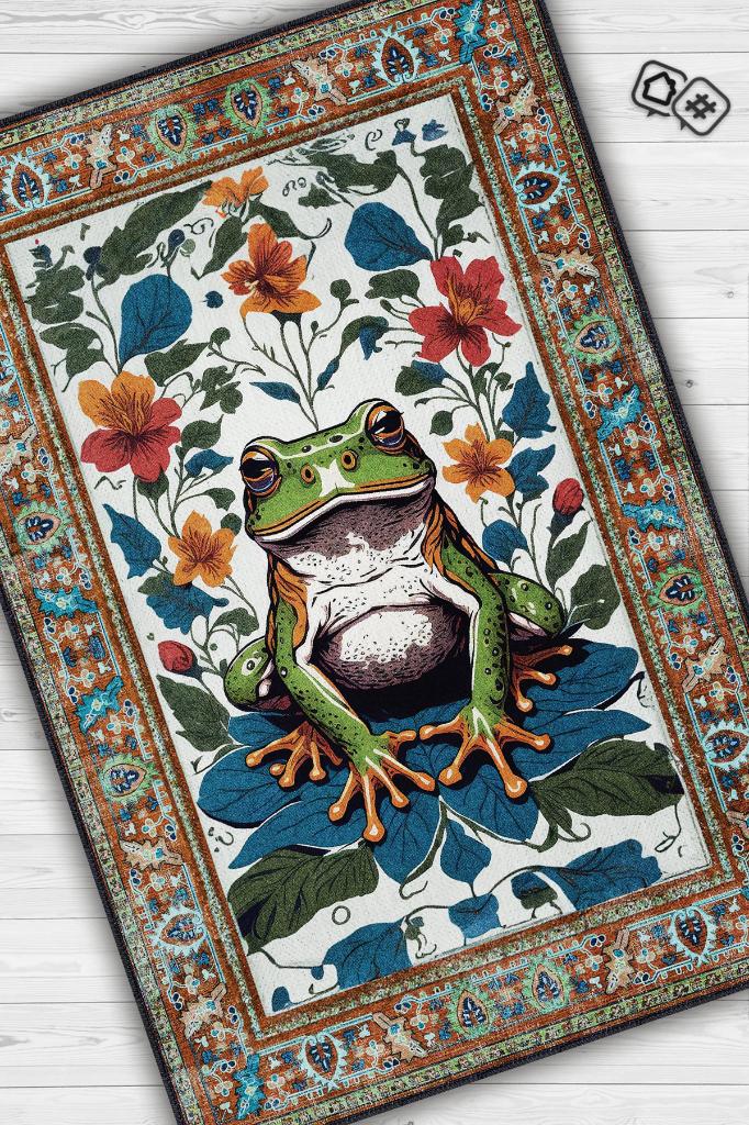 Nuh'un Gemisi Koleksiyonu Kurbağa, Çiçek Desenli Art Deco Tarzı Vintage Halı,Çok Renkli Maksimalist Halı